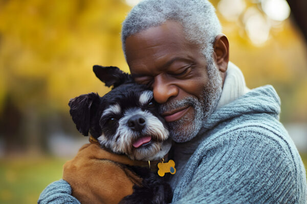 Senior black man cuddling his dog in the park, ai generated
