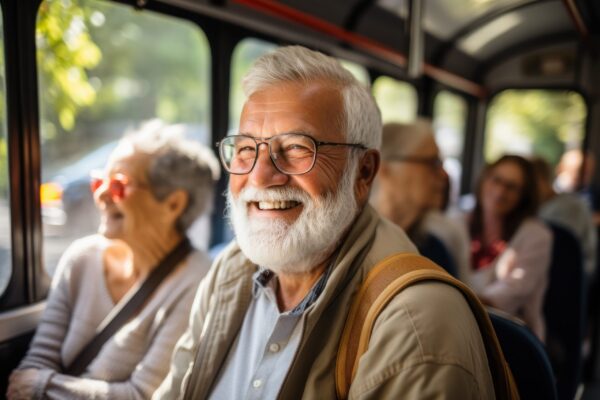Seniors enjoying care trip excursion with people having fun on board of a comfy bus. Generative AI.